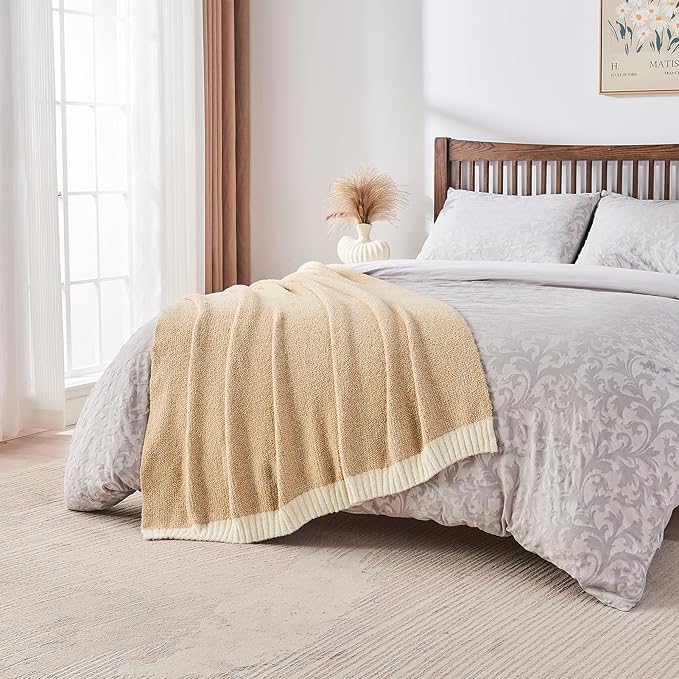 CozeCube Melange Blanket, Ultra Soft Khaki Tan and White Throw Blanket, Warm Cozy Knit Fuzzy Plush Reversible Throw for Couch Bed Sofa, 60"x80"