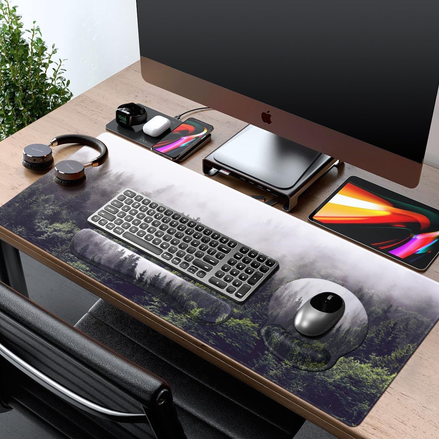 iCasso Desk Mat, Gaming Mouse Pad Wrist Support Set,4in1 XXL Large Mousepad + Keyboard Wrist Rest+Mouse Wrist Rest+Coaster Set with Ergonomic Design for Home Office Table Computer-Forest