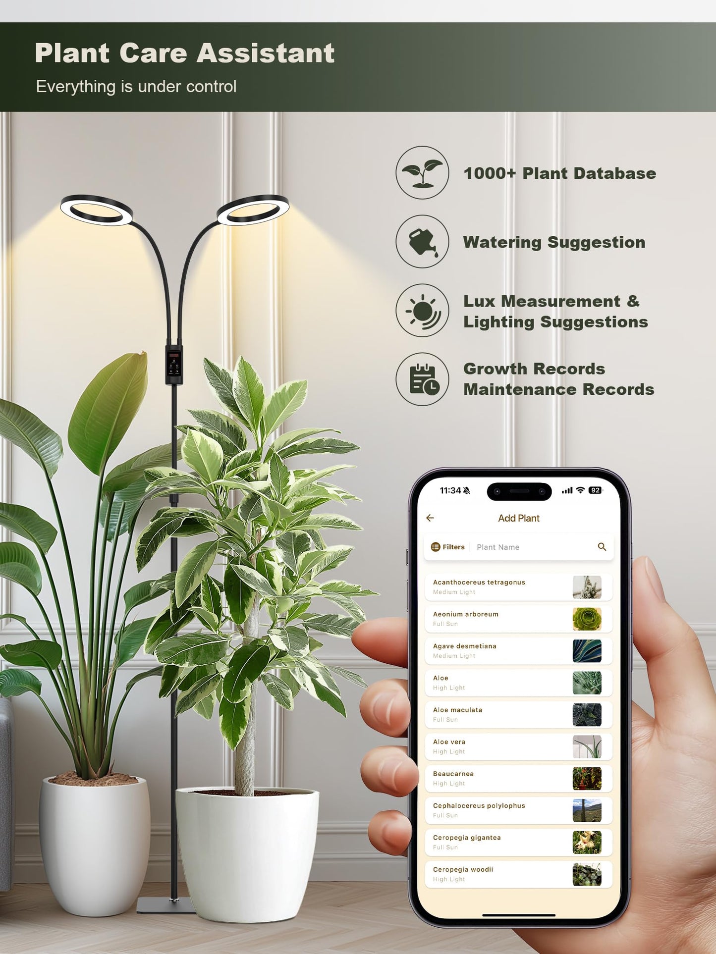 GLOWRIUM Smart Grow Lights for Indoor Plants, 48W Full Spectrum Plant Lights with Bluetooth App, Adjustable Height 47-70.9", Auto Timer, Indoor Plant Lamp for Large Tall Plants(Black 48W)