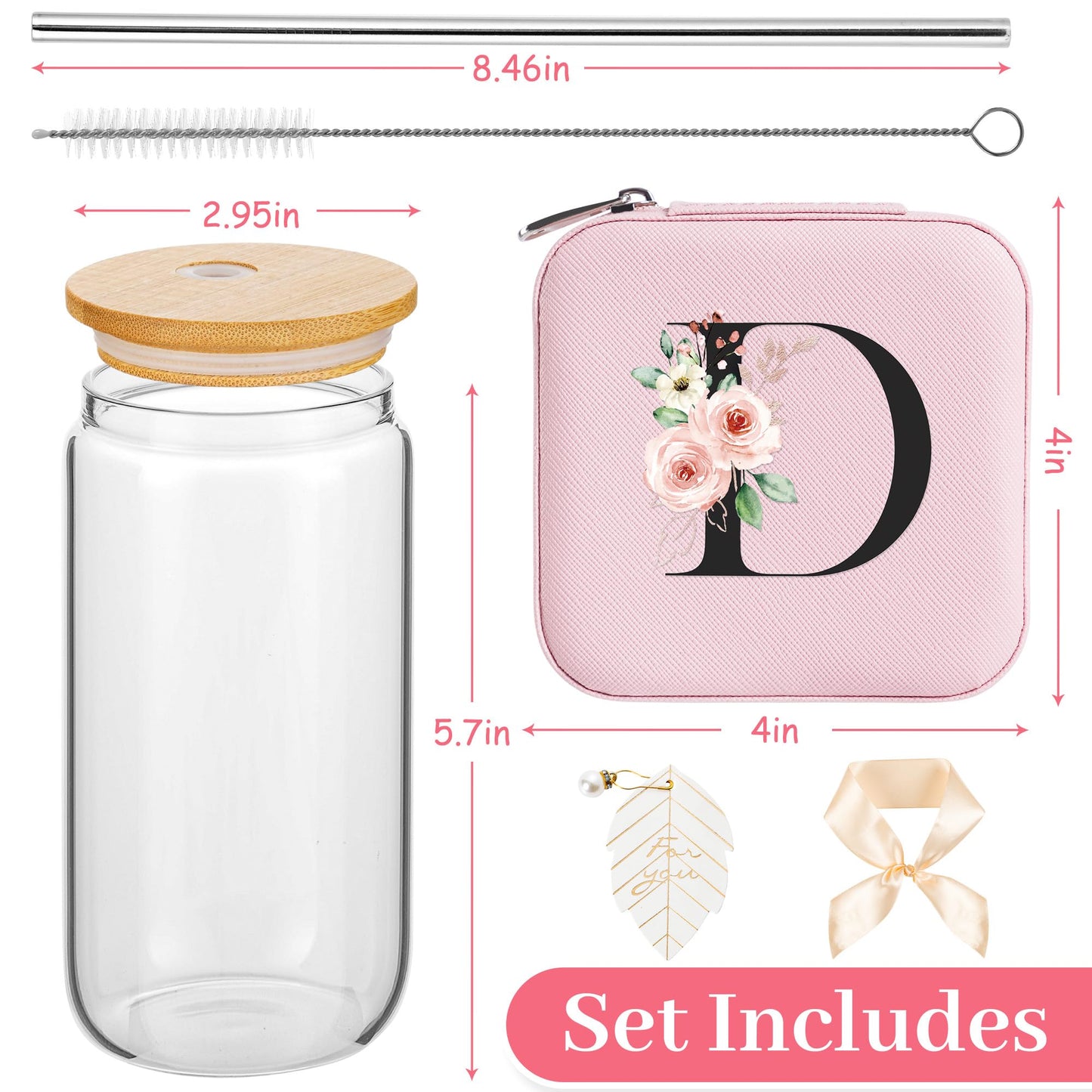 AYGXU Jewelry Box & Glass Set, Pink, Personalized Initial, Small Travel Case, Graduation Gift for Girls
