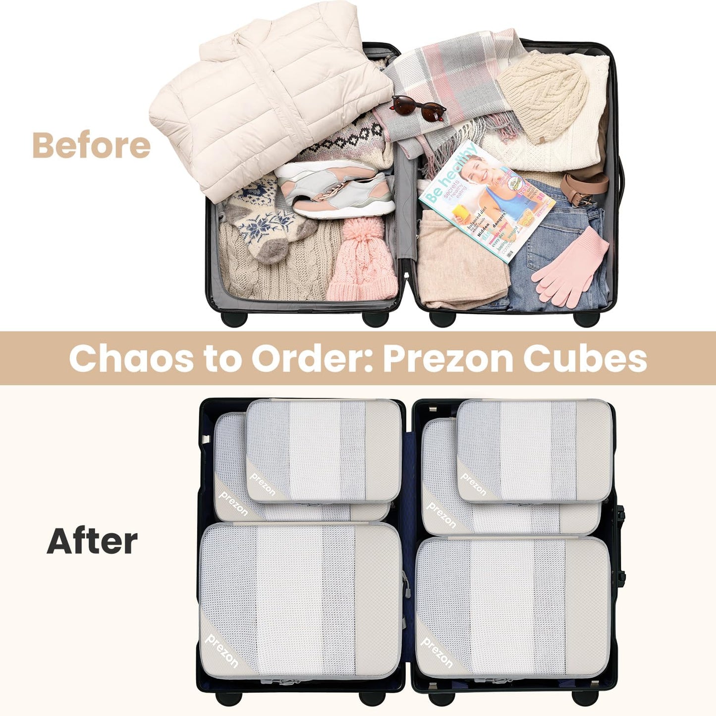 Prezon Compression Packing Cubes for Travel, Lightweight Vacation Travel Essentials, Travel Accessories for Suitcase Organizer Bags Set, Durable Luggage Organizer, 6 set, half mesh, Beige