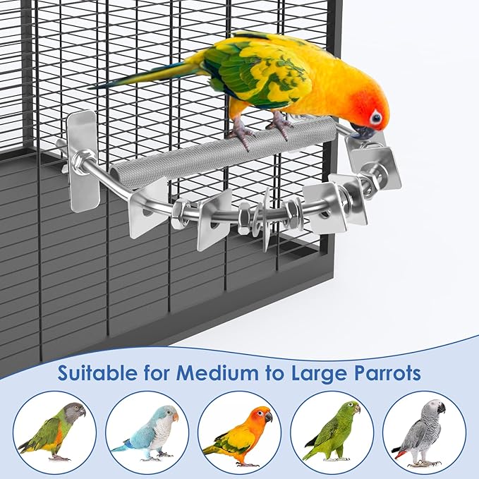 DBNESS Bird Perch for Cage, Stainless Steel Parrot Perches with Metal Chew Toys, Bird Nail Trimming Cage Accessories for Cockatiels, Macaws, African Grey, Amazon Parrots