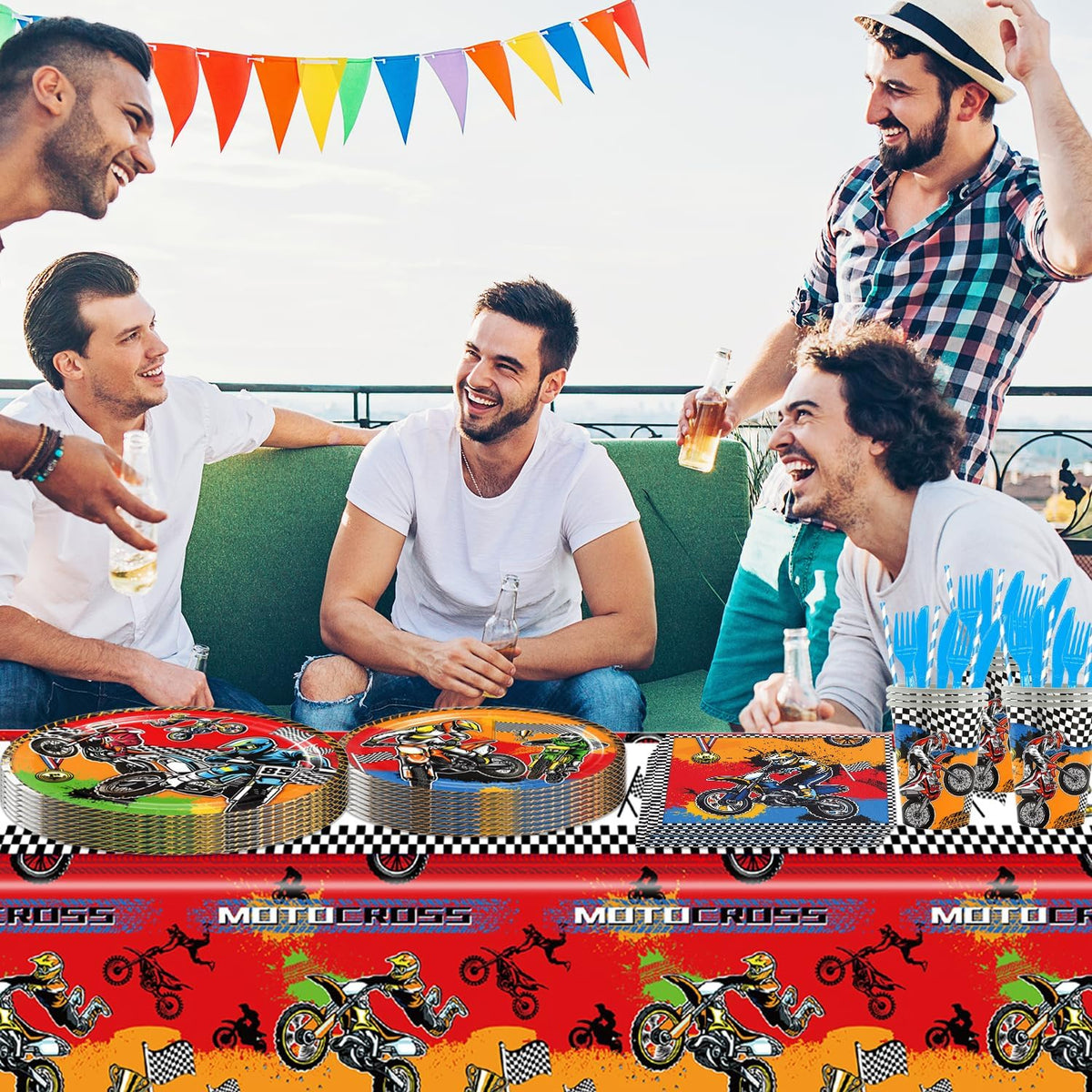 141pcs Dirt Bike Party Decorations,Dirt Bike Party Disposable Tableware set Includes Dinner Plate Dessert Plate Paper Napkin Cup Knife Fork Straws Tablecloth Motocross Dirt Bike Supplies set