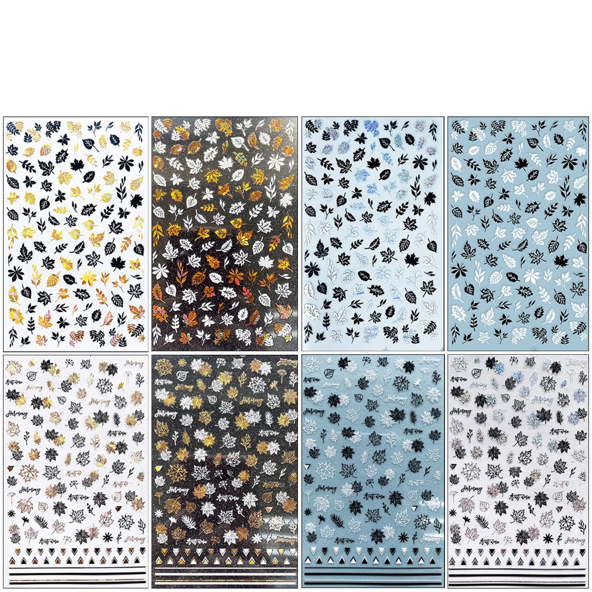 8Sheets Gold Maple Leaf Nail Stickers - 3D Fall Holographic Autumn Nail Art Sticker Maple Leaves Design Foils Laser Shiny DIY Thanksgiving Day Manicure Accessories