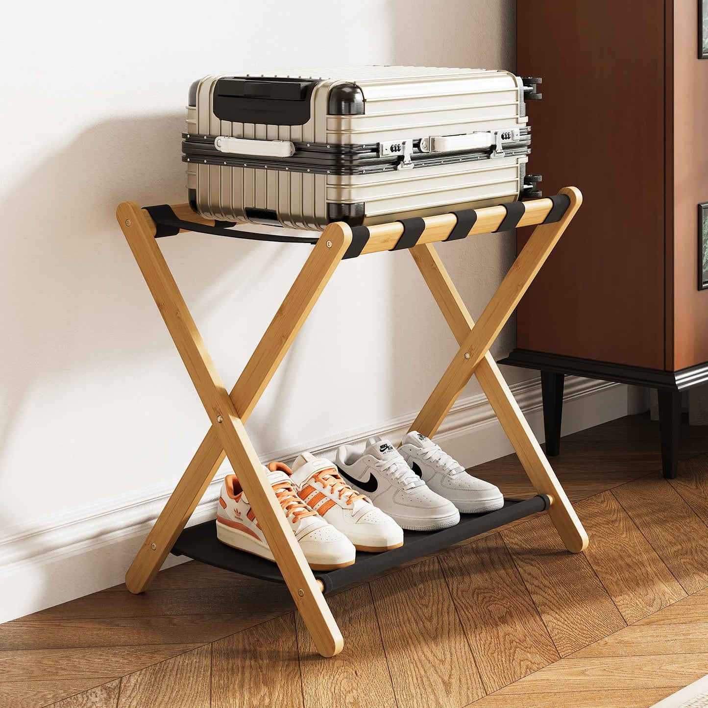 oakvivo Fully Assembled Luggage Racks Pack of 2, Bamboo Natural Foldable Luggage Rack for Guest Room, Suitcase Stand with Fabric Storage Shelf for Hotel, 5 Nylon Straps, 26.77" W x 16.93" D x 22.5" H