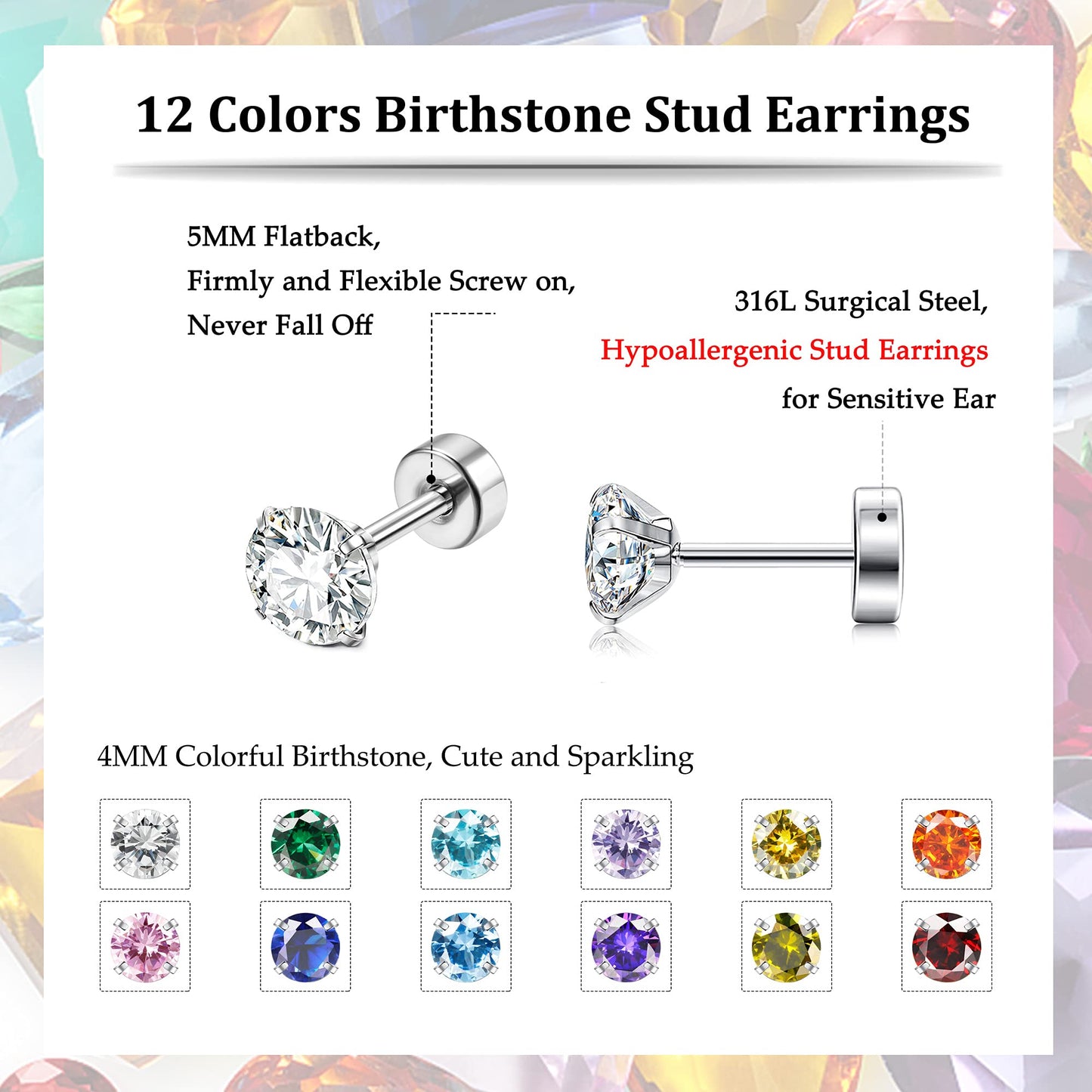Fansilver 20G Hypoallergenic Flat Back Earrings for Women Men Silver 14K Gold Stainless Steel Stud Earrings Brithstone Cubic Zirconia Studs Surgical Steel Cartilage Earrings for Sensitive Ears