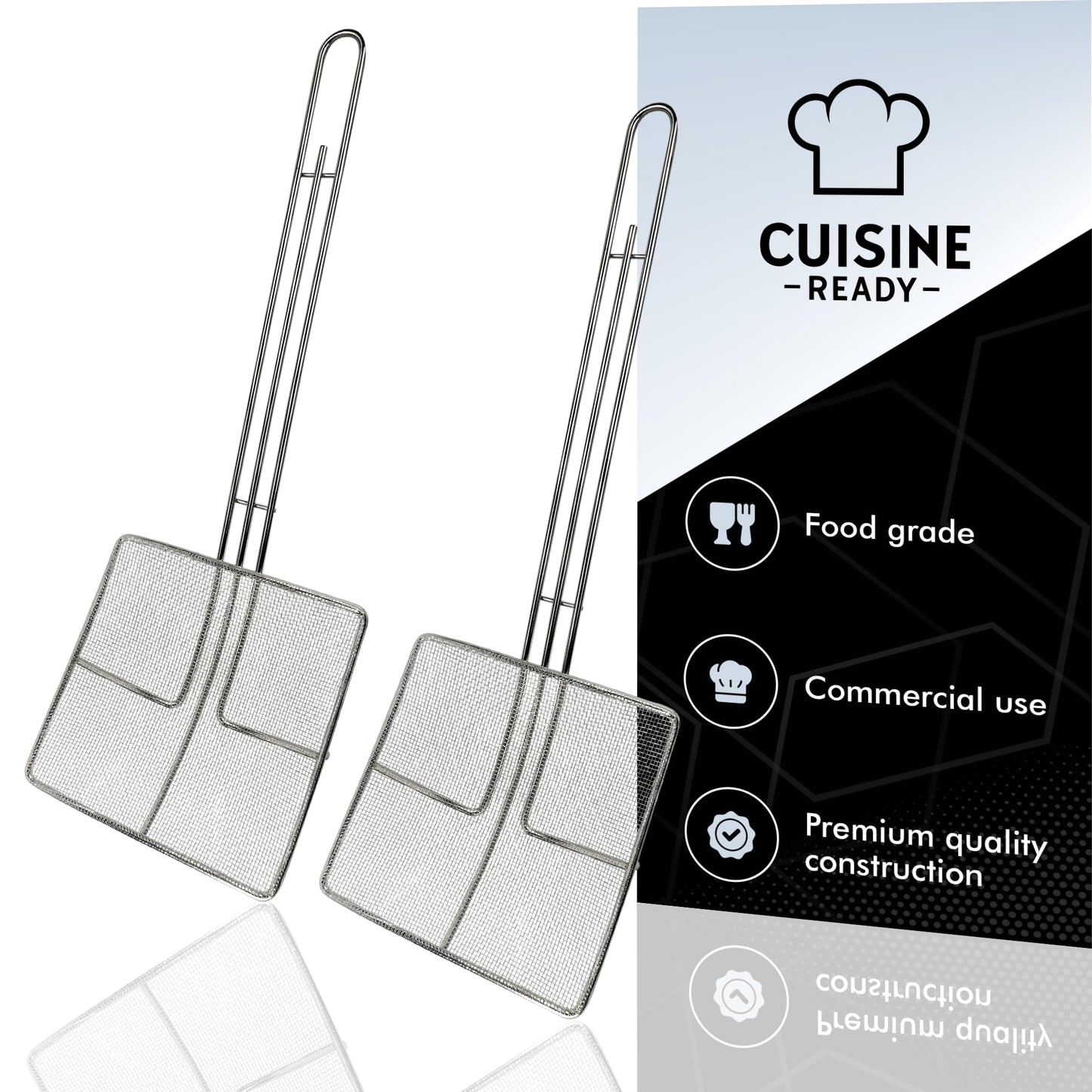 Cuisine Ready Wire Mesh Strainer with Long Handle | 2-Pack | 6.5" Square Frying Spoon | Cooking Oil Strainer for Deep Fryer & Professional Restaurant Use | Commercial Grease Skimmer