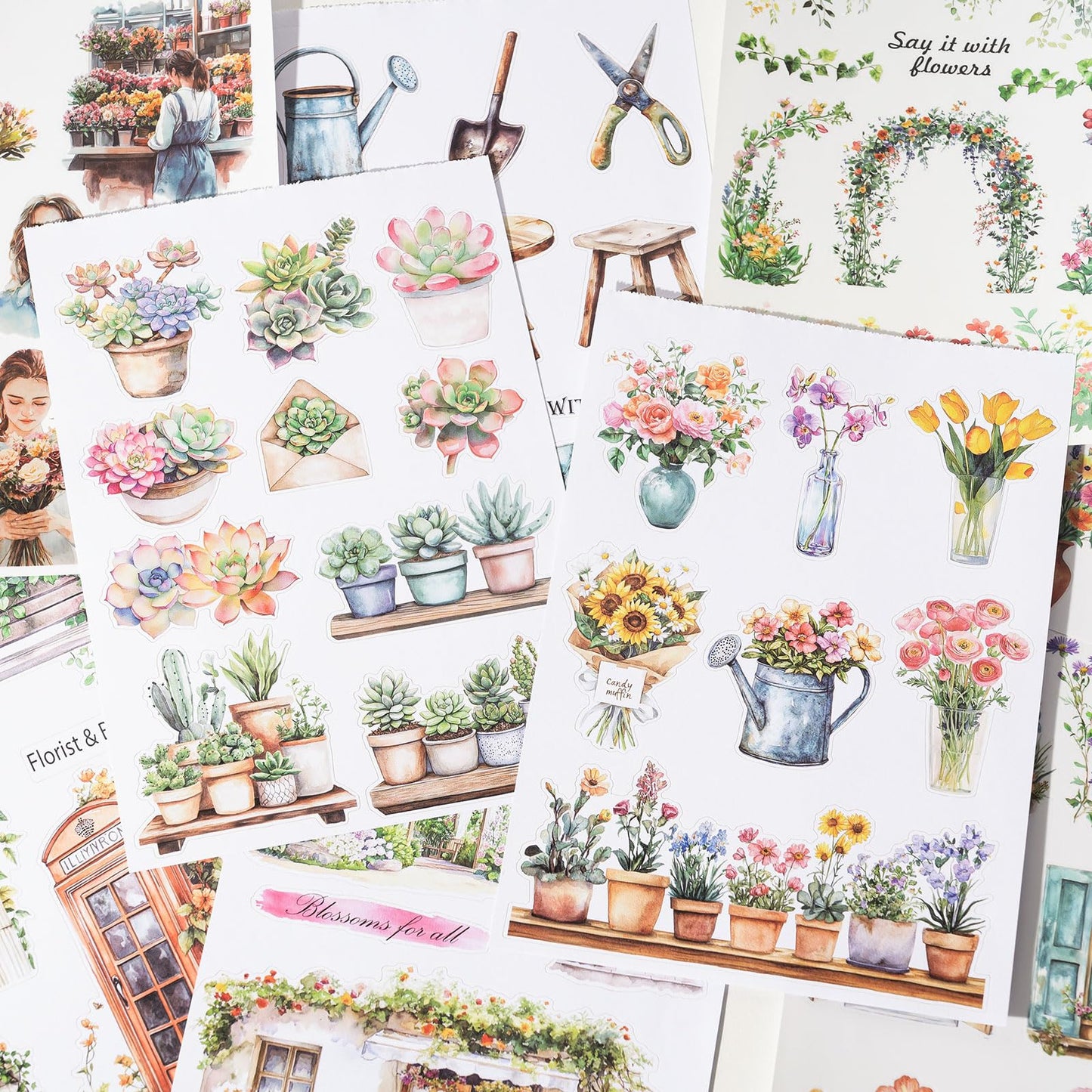 YagCu Flower Journaling Stickers, Floral Scrapbook Sticker, Florist Junk Journal Supplies, Pre-Cut Aesthetic Scrapbooking for Women, Spring Green Decorative Bullet Planner Arts