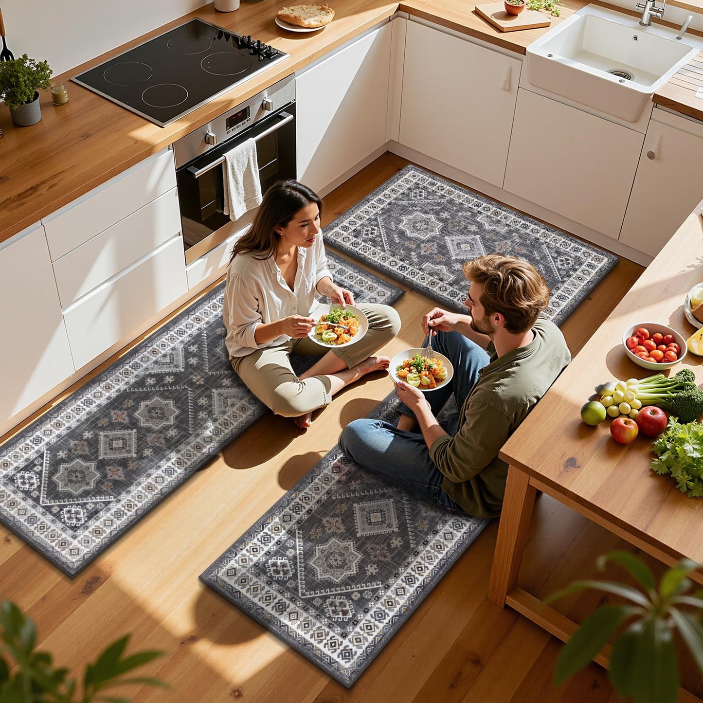 HEBE Boho Kitchen Rug Sets 3 Piece with Runner Non Slip Kitchen Rugs and Mats Washable Kitchen Mats for Floor Thick Kitchen Floor Mat Carpet Runner Rugs for Hallway Laundry Holiday Decor