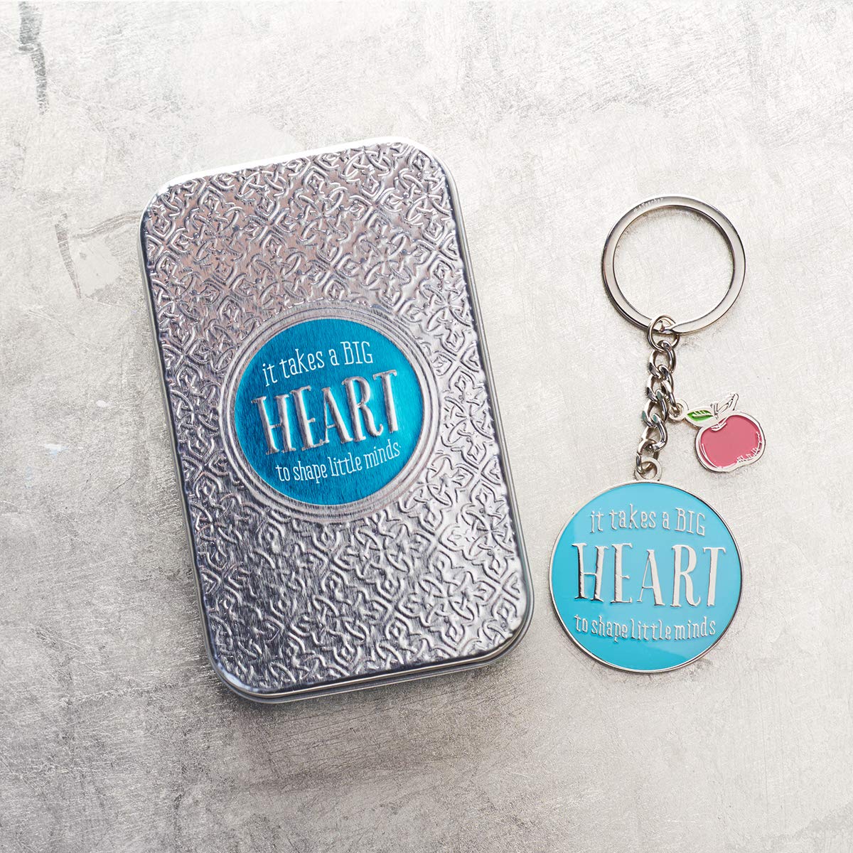 Christian Art Gifts Teacher Appreciation Keychain with Scripture: It Takes a Big Heart - 1 Cor. 16:14 Inspirational Bible Verse Blue Keychain with Apple Charm Accessory & Split Key Ring in Gift Tin