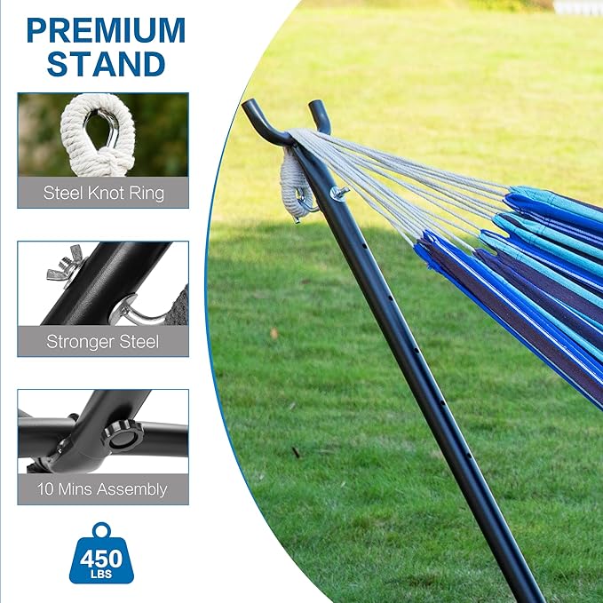 PNAEUT Double Hammocks with Stand for Outside, Portable Space Saving Heavy-Duty Steel Stand for Indoor Outdoor Patio with Carrying Bag, 450 lbs Capacity (Blue Lagoon)
