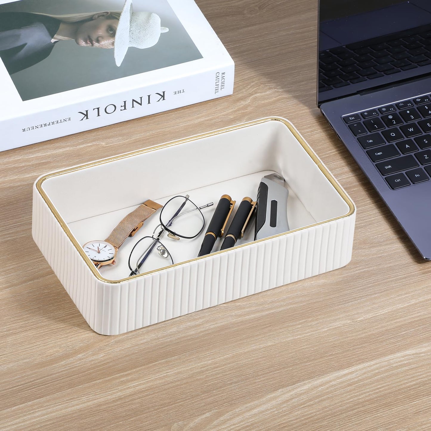 MEIBOOCH Desk Organizer Tray, PU Leather Nightstand Organizer Perfume Valet Tray for Men Women, Decorative Vanity Trays Trinket Dish Key Bowl for Entryway Table (Ivory, Medium)