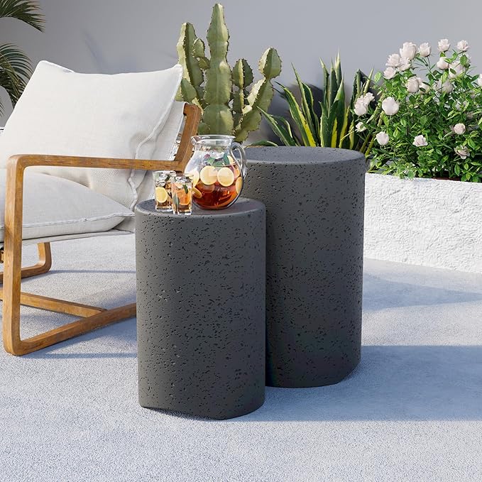 COSIEST Concrete Outdoor Side Table, Set of 2 Round End Tables, Decorative Garden Stools for Indoor Outdoor, Patio Accent Side Table w Spotted, Nesting, Dark Grey