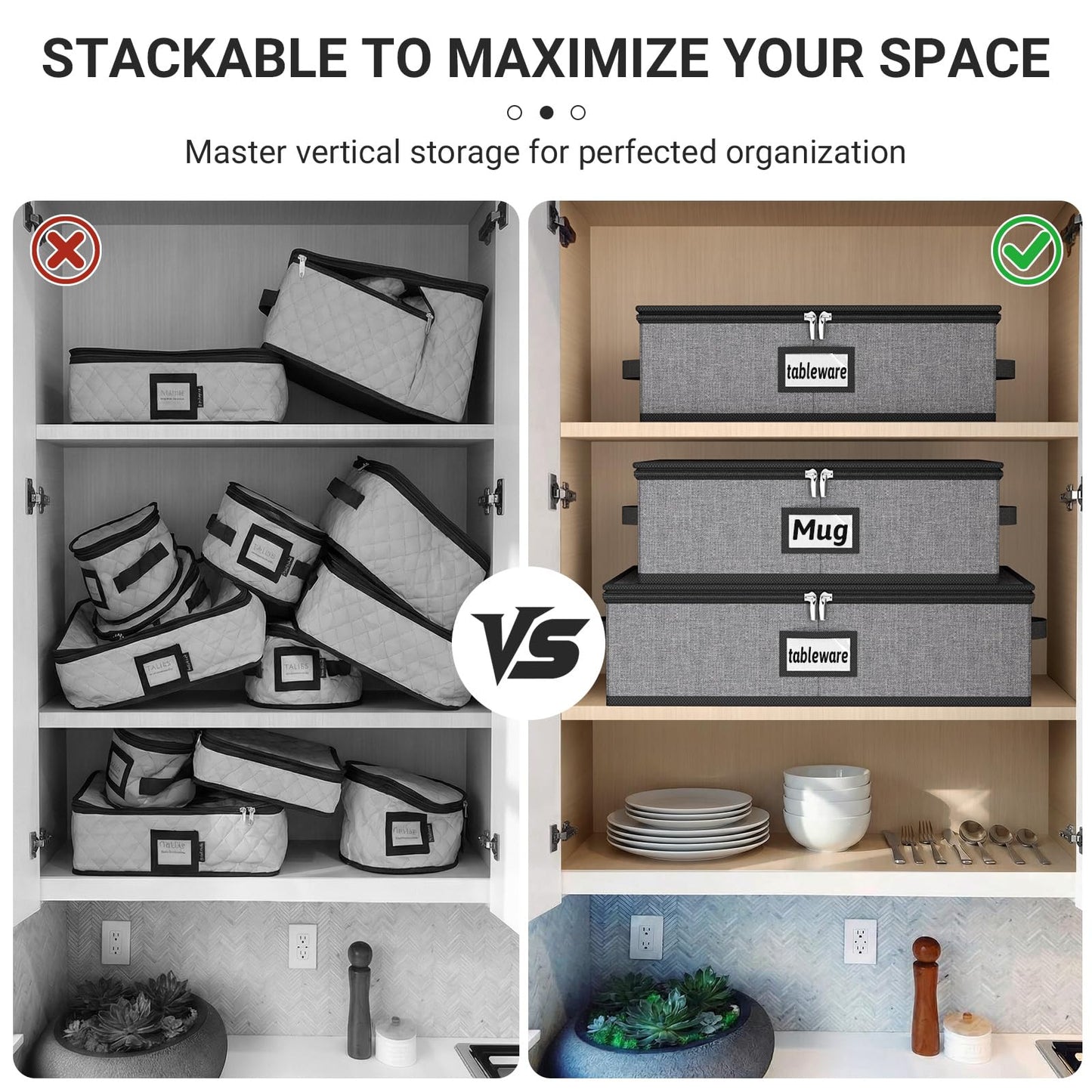MISSLO Large Capacity China Storage Containers Hard Shell Plate Storage Containers, Kitchen Packing Moving Boxes for Dishes, Dinnerwares, Mugs Protectors, Grey, 3 Piece Set