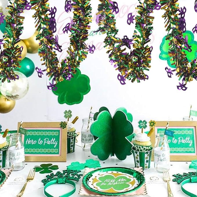 100 Feet Mardi Gras Tinsel Garland Gold Green Purple Garland Mardi Gras Christmas Tree Tinsel Garland Metallic Twisted Hanging Garland for Mardi Gras Oktoberfest Birthday Party Decoration, B