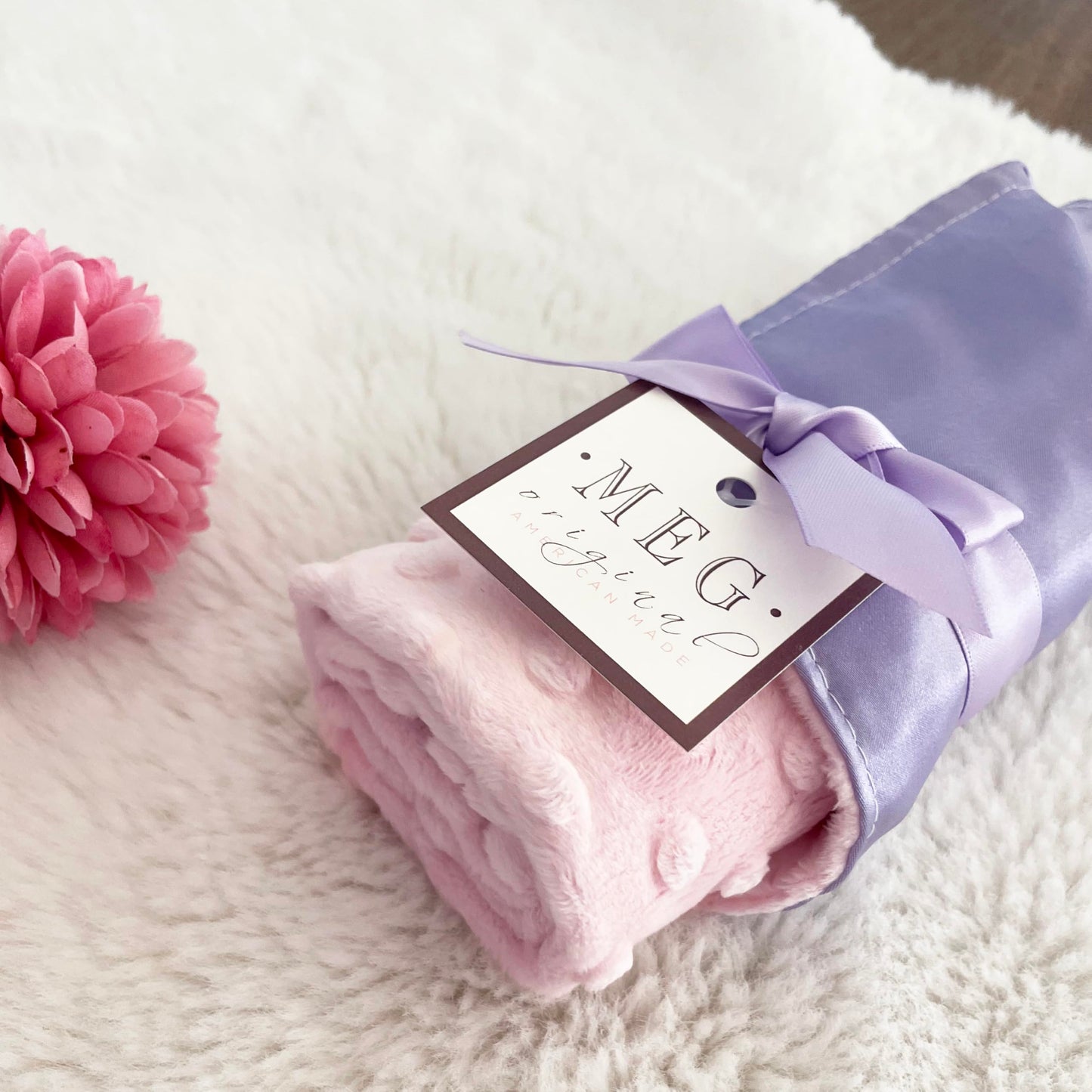 MEG ORIGINAL Baby Girl Security Blanket, Lavender Satin + Minky with Loop (Lavender/Pink)