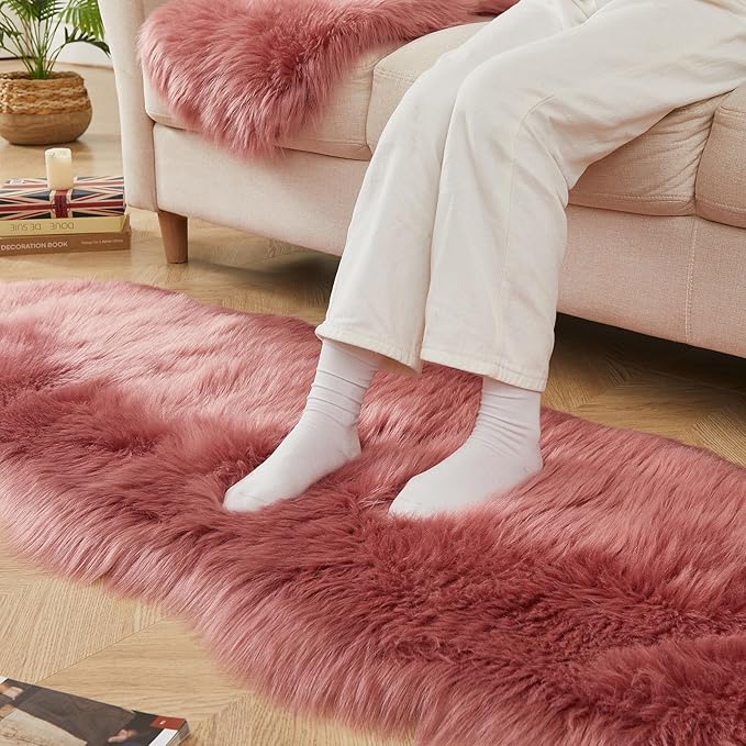 AMTOVO Faux Sheepskin Rug, Blush Pink Ultra Soft Fluffy Shag Area Rug, 2 x 6 ft Faux Fur Rug for Bedroom Sofa Throw Cushion Room Decor, Sheepskin