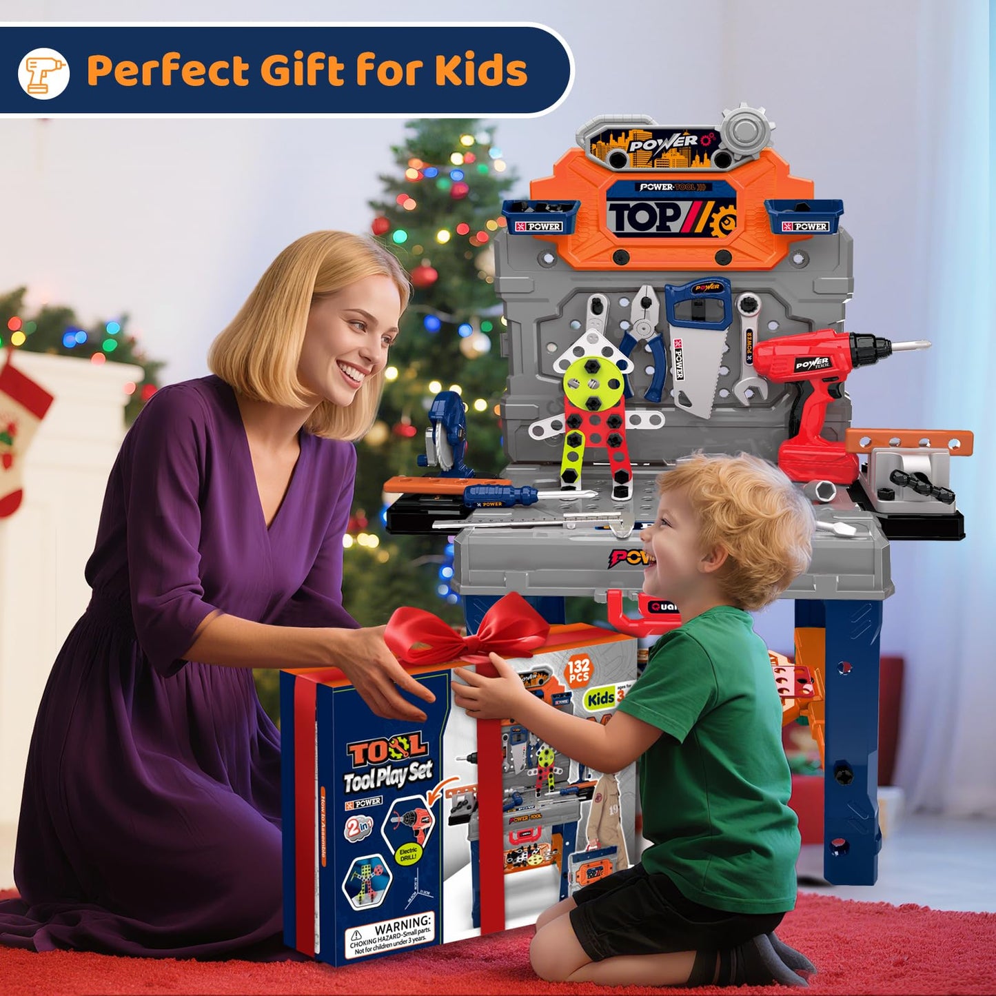 Kids Tool Bench with Realistic Electric Drill, 132 PCS Toddler Tool Set, Birthday Toys for Kids Ages 3 4 5 6 7 8, Toddlers Tool Box & Workbench, Kid Tools Set for Boys Girls 3-5 6-8
