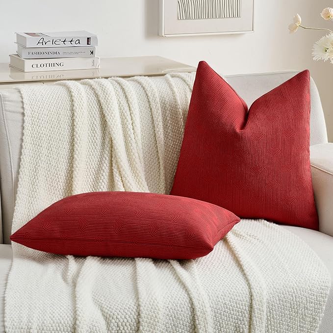 FUTEI Christmas Red Chenille Decorative Throw Pillow Covers 18x18 Inch Set of 2,Soft Cozy Striped Geometric Patterns Cushion Cases,Modern Home Decor for Couch Bed Living Room
