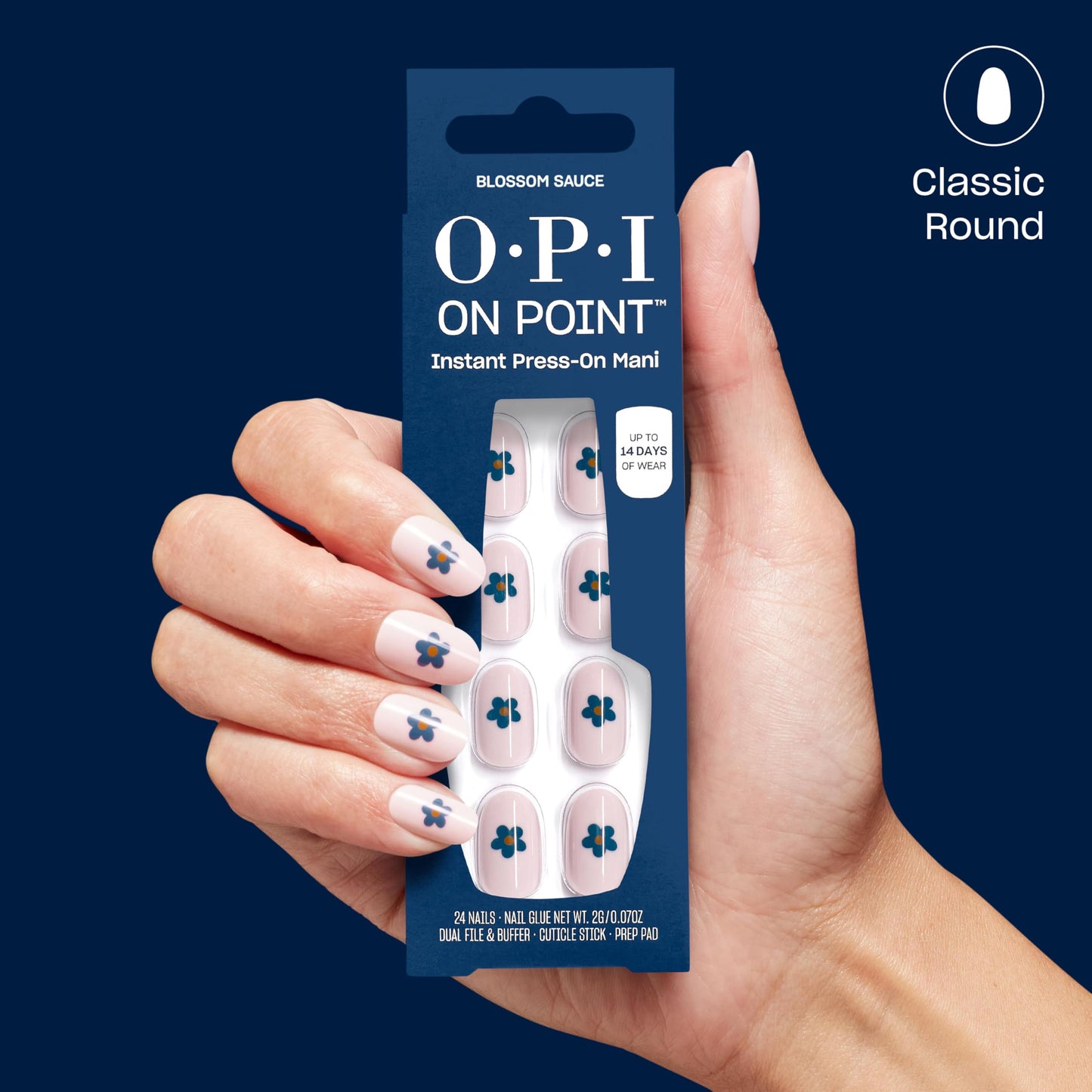 OPI On Point Blossom Sauce | Short Round Light Lavender with Blue Flower Nail Art Press On Nails | 24 Count with Glue | Long Lasting, Reusable, Non-damaging | Fall 2025 Shades