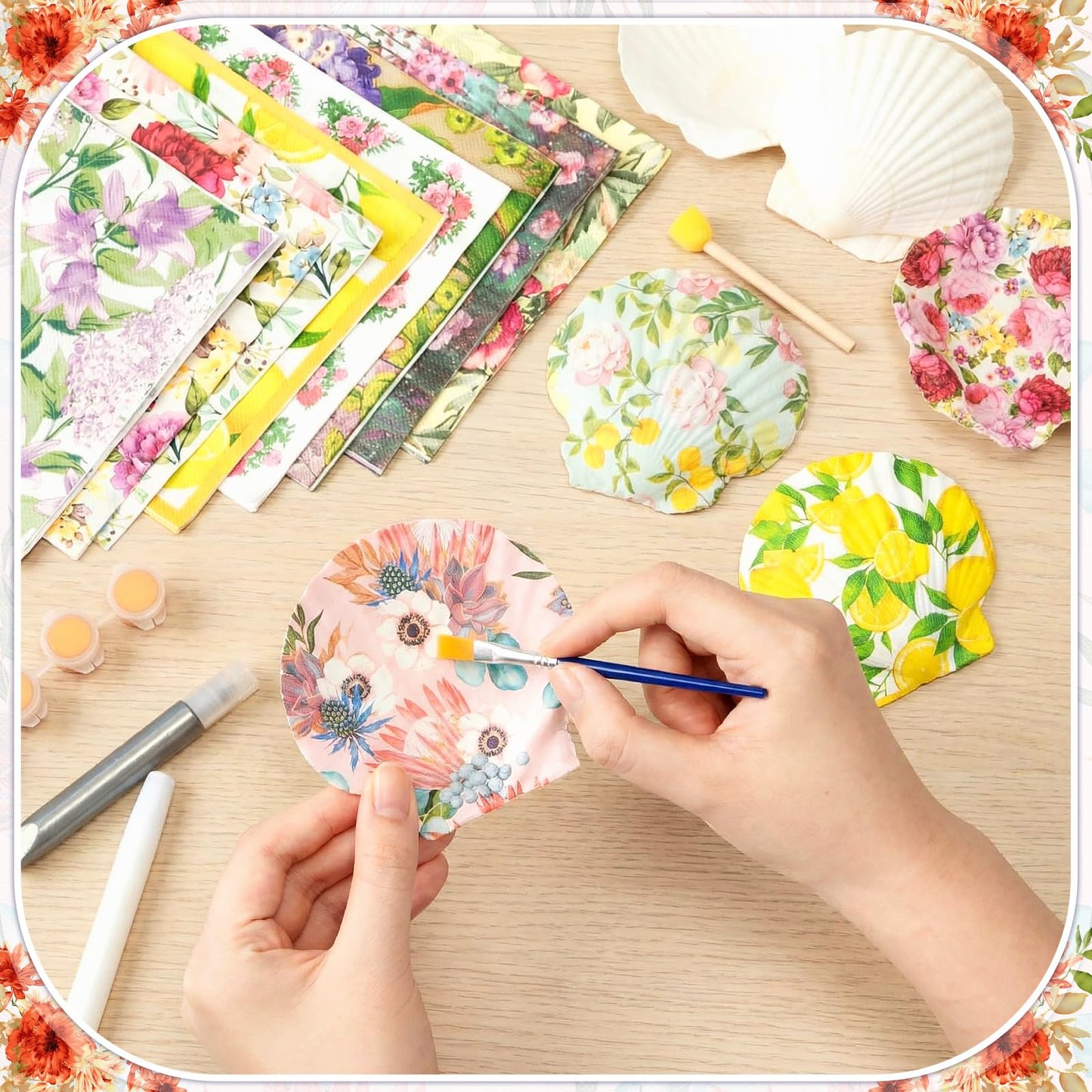 Crtiin 48 Pcs Decoupage Kits, 18 Pcs 4'' White Scallop Shells, 24 x Assorted Decoupage Paper Napkins with Glue Paint Strips Pigments and Paint Brushes for Home Decor Ornaments DIY Arts Crafts (Flower)