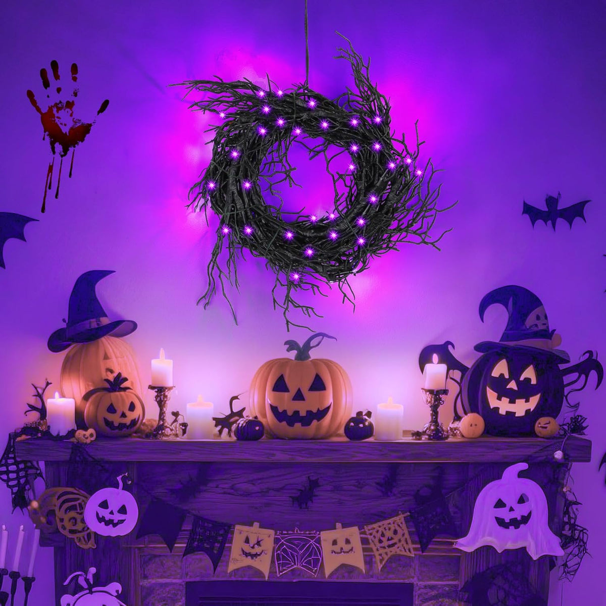 9 Ft 66 LED Willow Vine Twig Decor Black Halloween Garland with Purple Lights, Timer 8 Modes Waterproof Battery Operated Indoor Halloween Decorations for Wall Fireplace Mantle Home Office Party Decor
