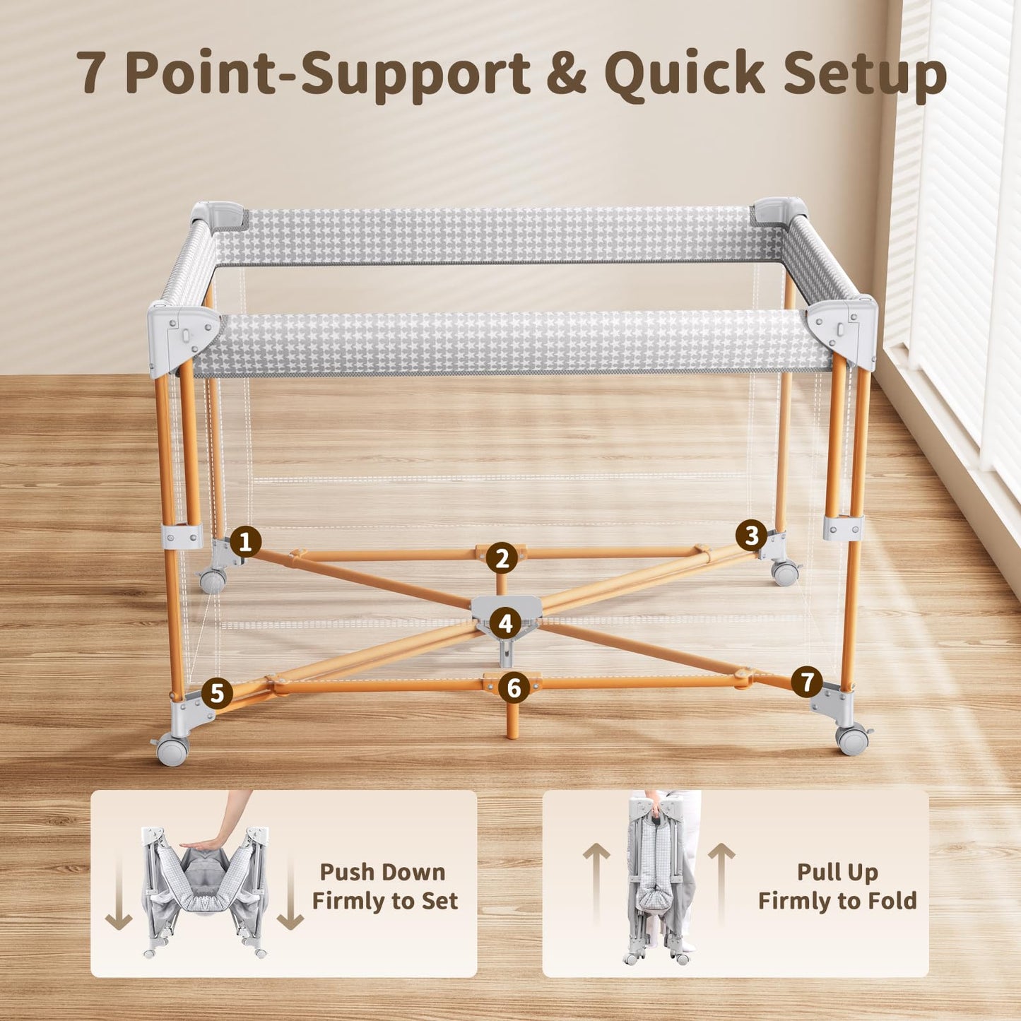 GAIVE 4 in 1 Baby Bassinet, One-Push Setup Pack and Play, Bedside Crib Sleeper with 3 Height Adjustable,Diaper Changer, Come with Comfy Mattress, Rotating Toy Bar, from Infants to Toddlers (Grey)
