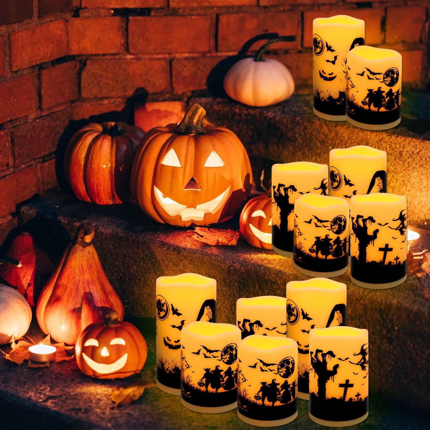 CAKETYCG 12-Pack Halloween Ink Painting Large Electronic Waxes with Remote Control, Flameless LED Candles for Halloween Spooky, Halloween Ambient Sense Artifacts.