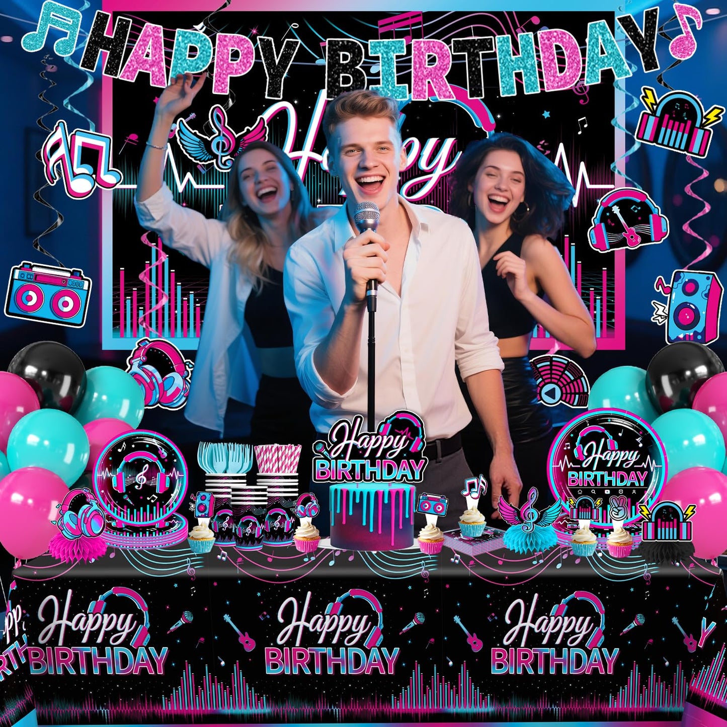 wellspar 208pcs Karaoke Party Decorations Complete Tableware Set, for 25 Guests, Karaoke Birthday Party Decorations, Disposable Plates, Pre-strung Banner, Tablecloths for Music Birthday Decor