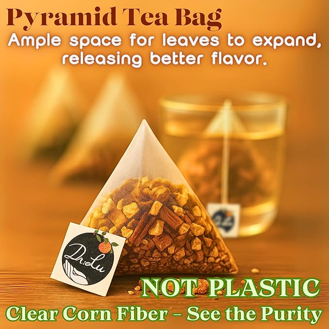 Dr. Lu’s Organic Turmeric Ginger Cinnamon Tea | Tropical Wild Roots & Bark from South Asia | 100% Natural Digestive & Warming Support | 30 x 3g Potent Root Blend Corn Fiber Pyramid Bags (No Plastic, No Nylon)