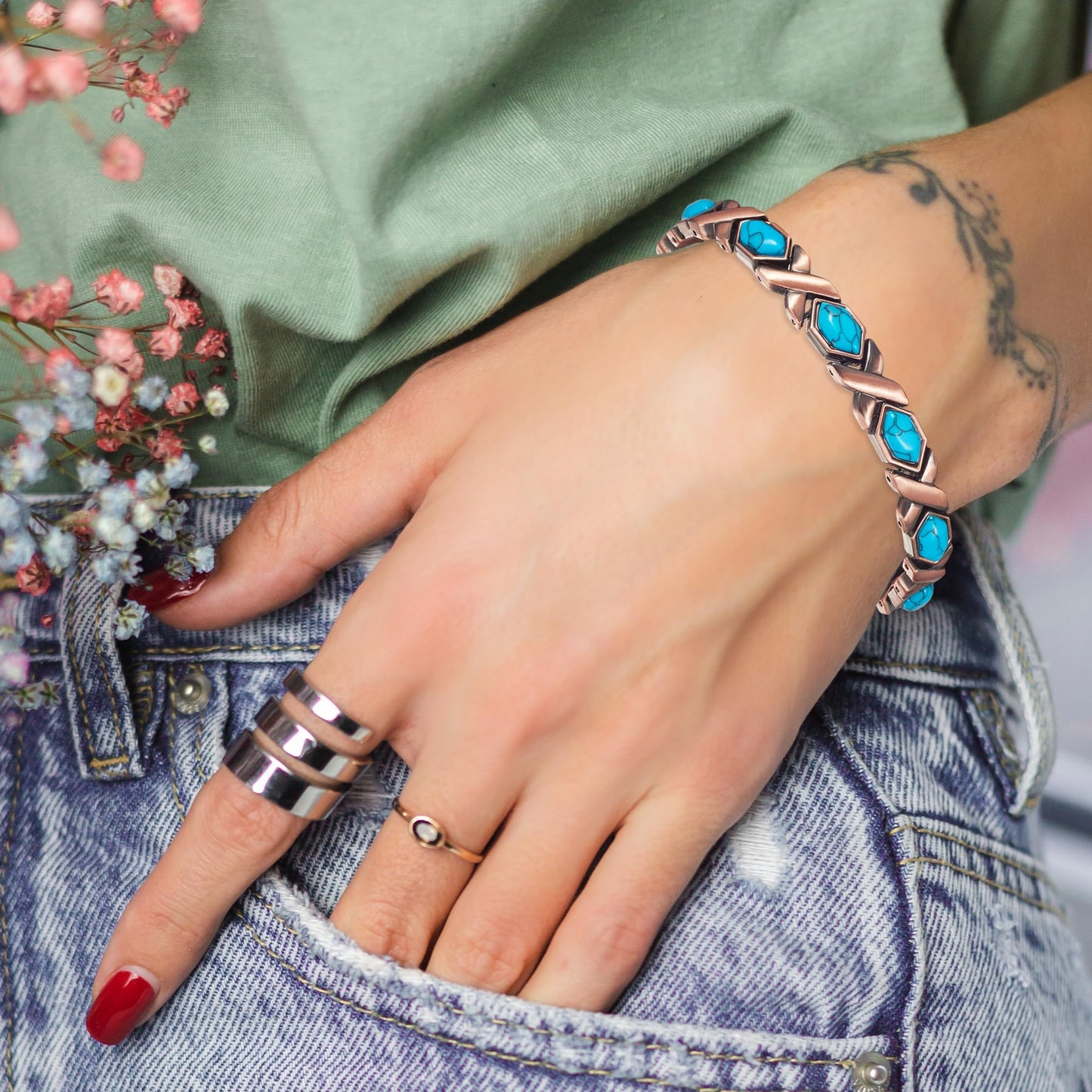 EnerCoppeX Copper Magnetic Bracelet for Women - Turquoize Detox Jewelry with 3500 Gauss Magnet (S)