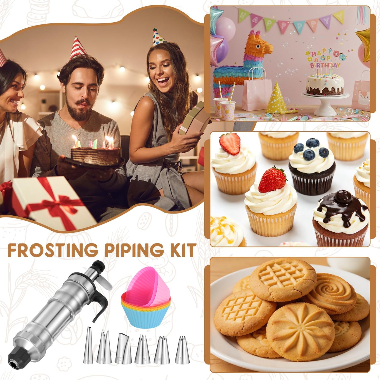 PATIKIL Dessert Decorating Set, Cake Decorating Kit with 6Pcs Stainless Steel Piping Tips 7 Pcs Silicone Cupcakes 1 Pcs Brush Frosting Piping Kit for Baking Pastry Decorating, Black