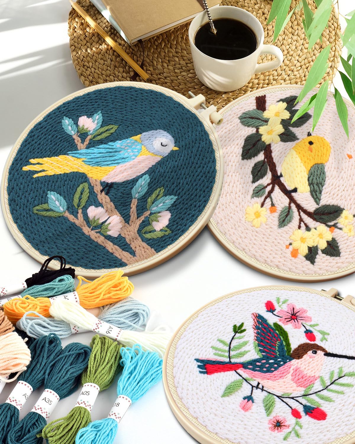 TINDTOP 3 Sets Punch Needle Kits, Panda Punch Embroidery Kits for Adults Beginner, Tool with Punch Needle Fabric, Hoops, Yarns and Sewing Needles (Bird)