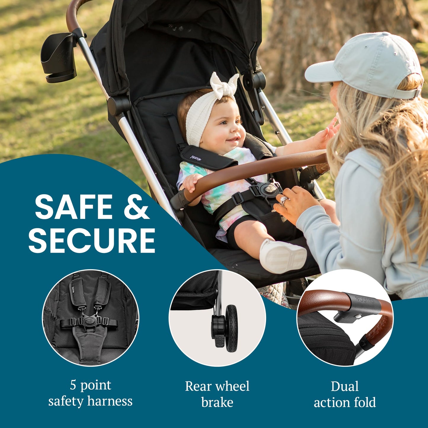 Bombi Bēbee V2 Lightweight Baby Stroller - Premium Vegan Leather, One-Hand Fold, Infinite Recline, Aircraft-Grade Aluminum Frame, XXL Canopy, and Ample Storage Umbrella Stroller - Sand