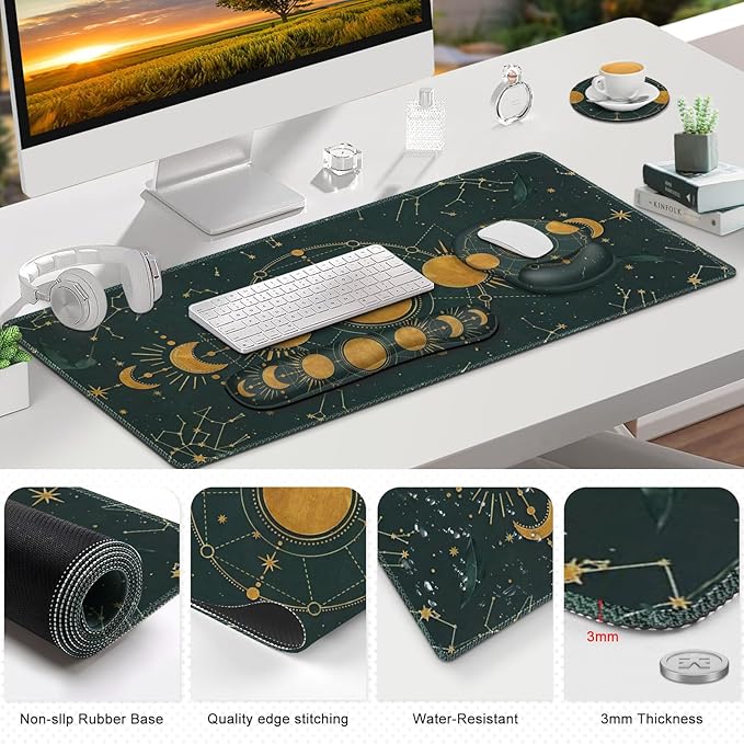 Large Desk Mat, Gaming Mouse Pad, Desk Pad Protector, XXL Mousepad + Keyboard Wrist Rest+Mouse Wrist Rest+Coaster Ergonomic Desk Pad for Home Office Decor, Dark Green Gold Moon Phases Constellation