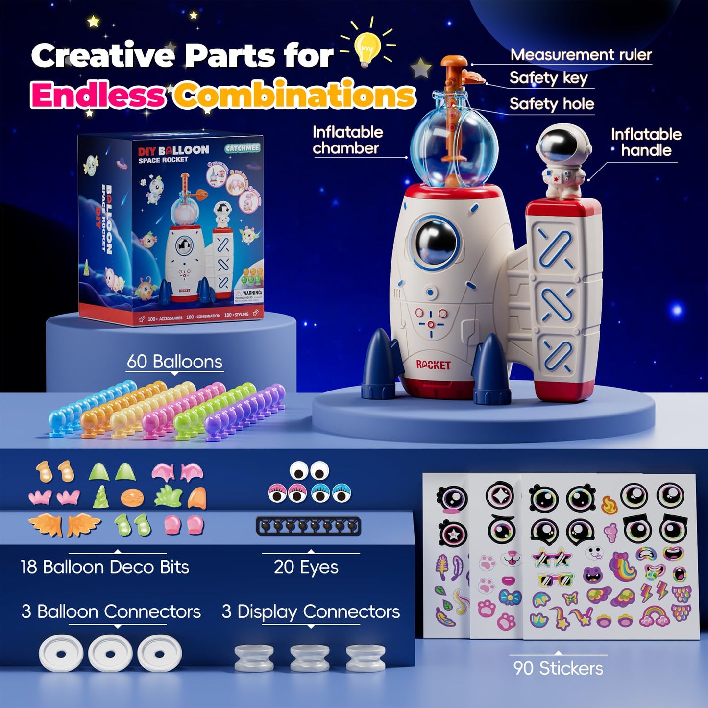 PINSHILE DIY Space Magic Balloon Craft Kit, Sticker Decorated Balloons Toy for Kids, Rocket Air Pump Fun with Balloon Monster Pals, DIY Creative Activity, Birthday Gifts for Girls Boys Ages 3+