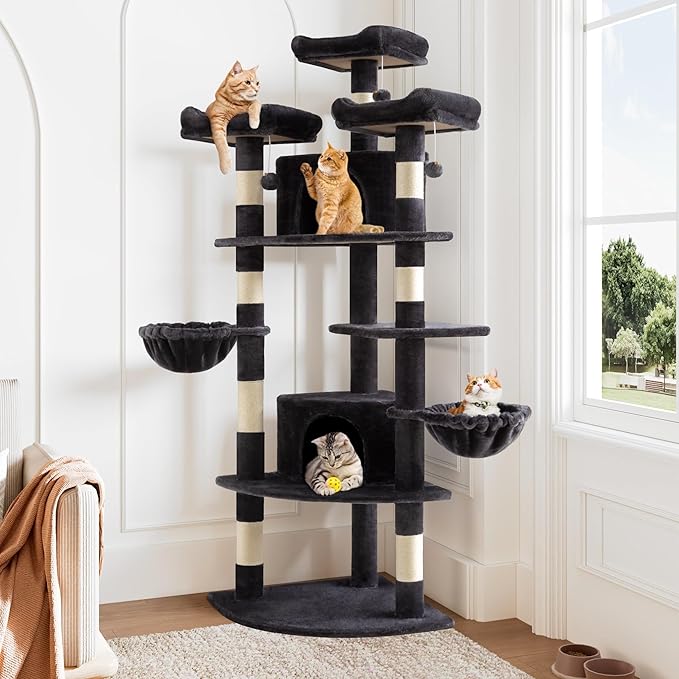 Allewie 73in Fan-Shaped Space-Saving Corner Cat Tower/Multi-Level Tall Cat Tree for Indoor Kitties/Cozy Baskets/Condos/House/Perches/Sisal Scratching Posts/Pet Activity Center/Leopard Print