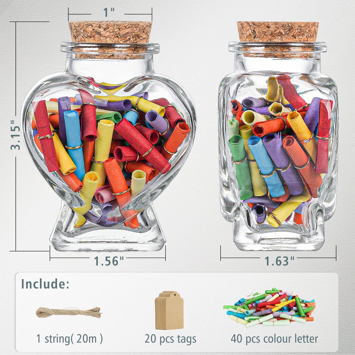 Honeymoon Sand Keepsake Jar 2026, 20 Pack Heart Shaped Spell Jars Coloured Paper Scrolls, DIY Gift for Valentine's Day, Small Glass Jars with Cork Lid for Baby Shower, Wedding Favor
