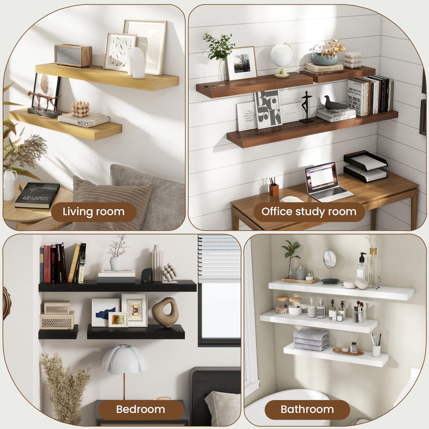 Axeman Square Floating Shelves for Wall, 8" W x 8" D x 1.4" H Rustic Wooden Wall Shelves, 4 Pack Wall Mounted Floating Shelf with Invisible Brackets for Living Room, Bathroom, Kitchen, Black Color