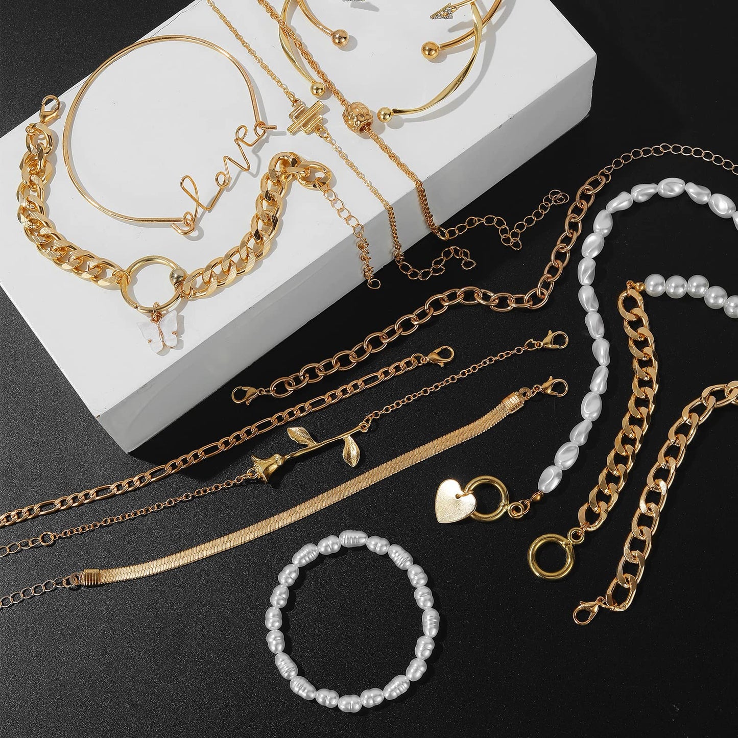 IFKM 6 PACK (22 PCS) Gold Chain Bracelets Set for Women, 14K Gold Plated Multiple Layered Stackable Open Cuff Wrap Bangle Bracelet Adjustable Link Italian Cuban Jewelry for Women Gift