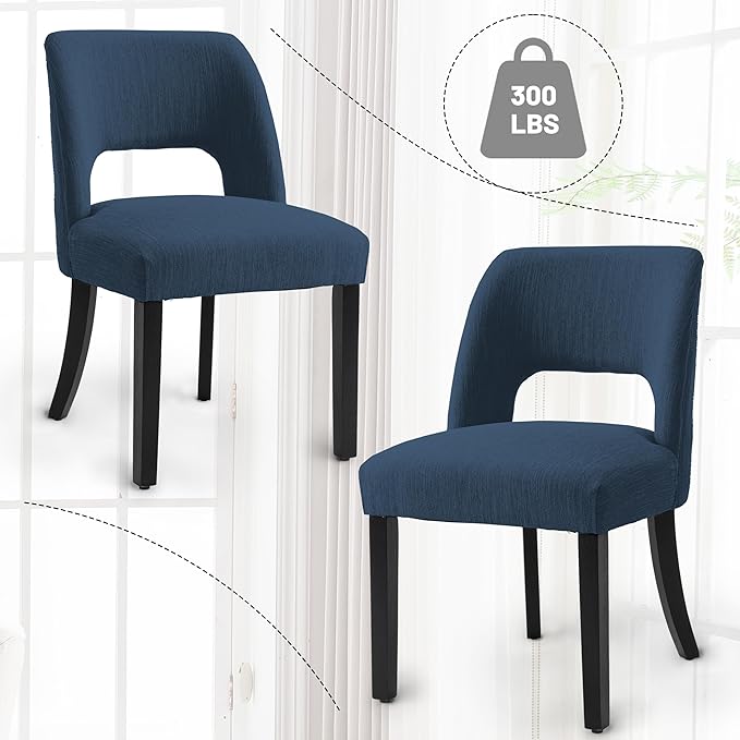 VKNOW Wooden Dining Chairs Set of 2, Modern Fabric Upholstered Dining Room Chair Kitchen Chairs, Farmhouse Dinner Chair for Kitchen Dining Room, Blue-Black Legs