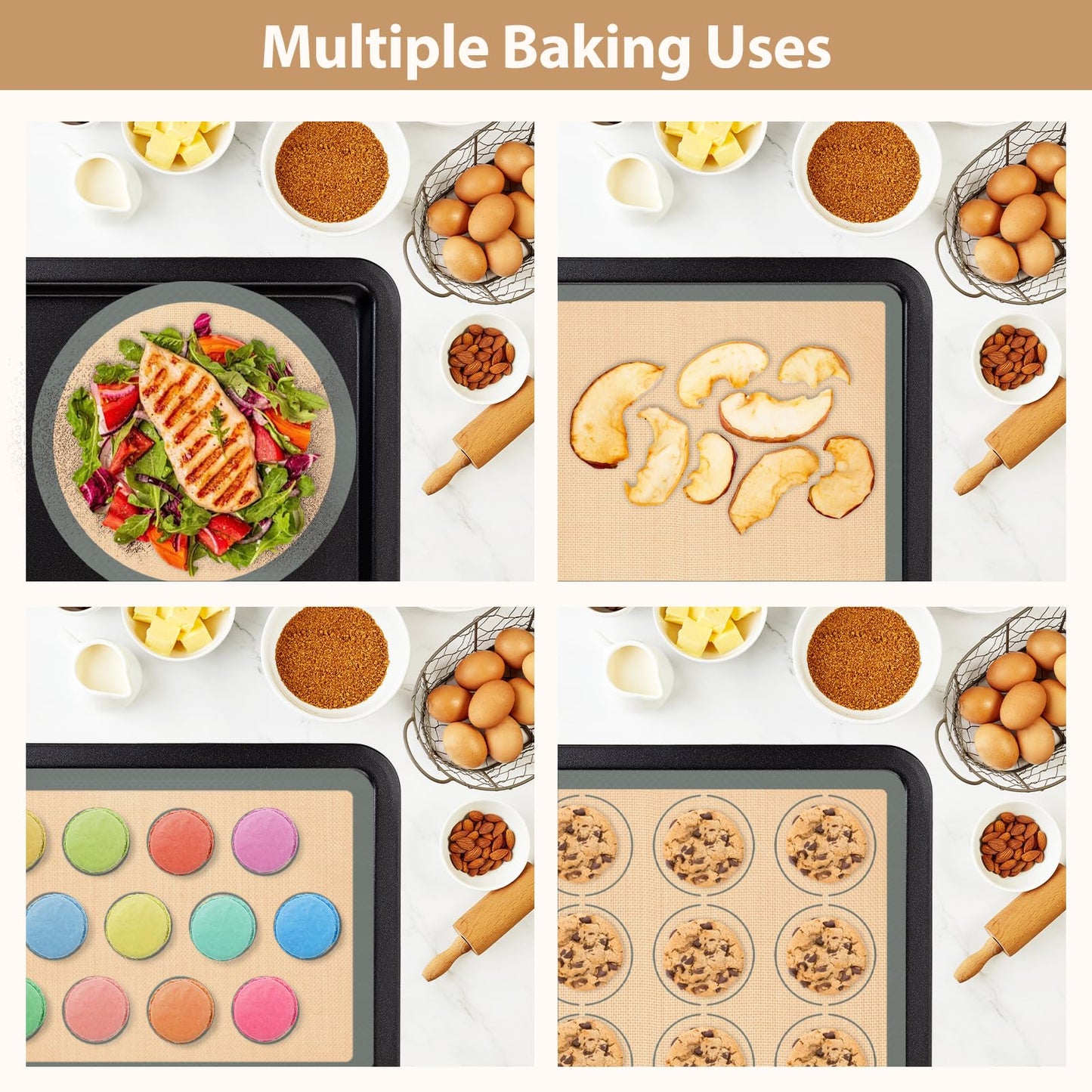 Silicone Baking Mat Set of 6, Nonstick Pastry Mat, Reusable Macaron Silicone Baking Mats & Round Pizza Mat, Cookie Baking Supplies for Macaroons, Pizza