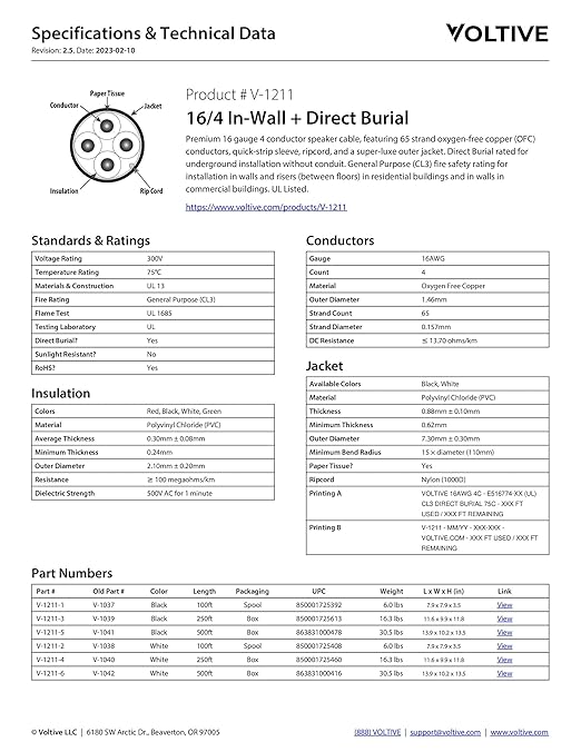 Voltive 16/4 Speaker Wire, in-Wall CL3 & Direct Burial, Black, 100ft - 16AWG, 4 Conductors, Stranded Oxygen-Free Copper, UL Listed - V-1211-1