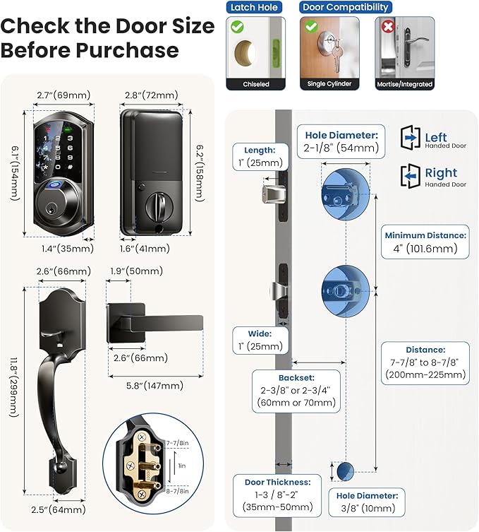 Veise VE07-H Fingerprint Smart Locks for Front Door with Handle Set, App Control, Keyless Entry Keypad Deadbolt, Digital Electronic Touchscreen, Easy Install, Auto Lock, Matte Black