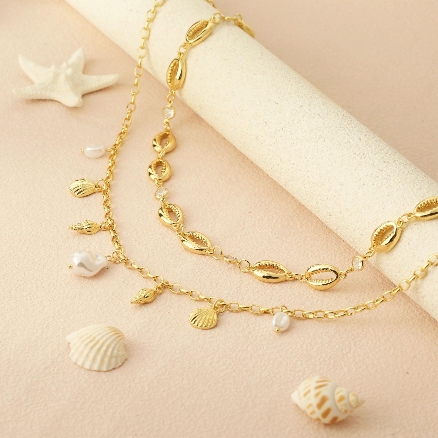 JALZEMPL Shell Charm Necklace For Women Stack Seashell Pearl Dainty Starfish Beach Layered 14k Gold Plated Pendant Summer Boho Jewelry Gifts (Style B)