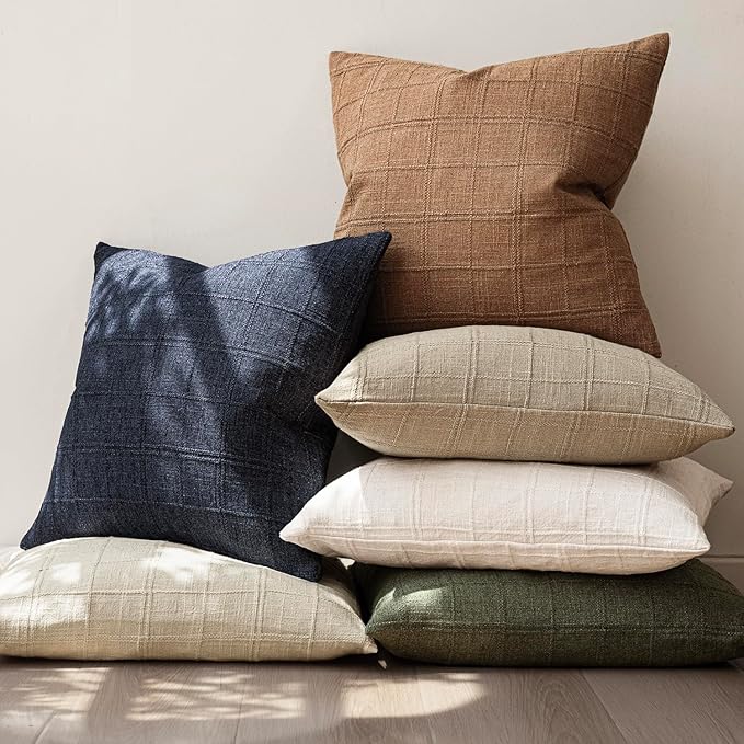 Foindtower Set of 2 Decorative Linen Check Throw Pillow Covers Neutral Farmhouse Vintage Cushion Covers Modern Boho Home Decor for Sofa Chair Couch Bedroom Living Room,22×22 Inch,Navy Blue