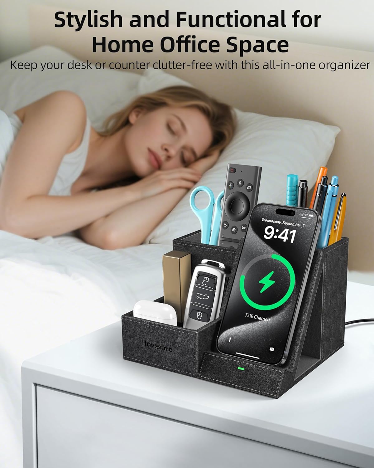 Wireless Charger with Desk Organizer, Pen Pencil Holder, Multifunctional Desktop Organizer, Office Supplies and Desk Accessories Organizer with 3 Compartments and 1 Phone Stand, PU Black