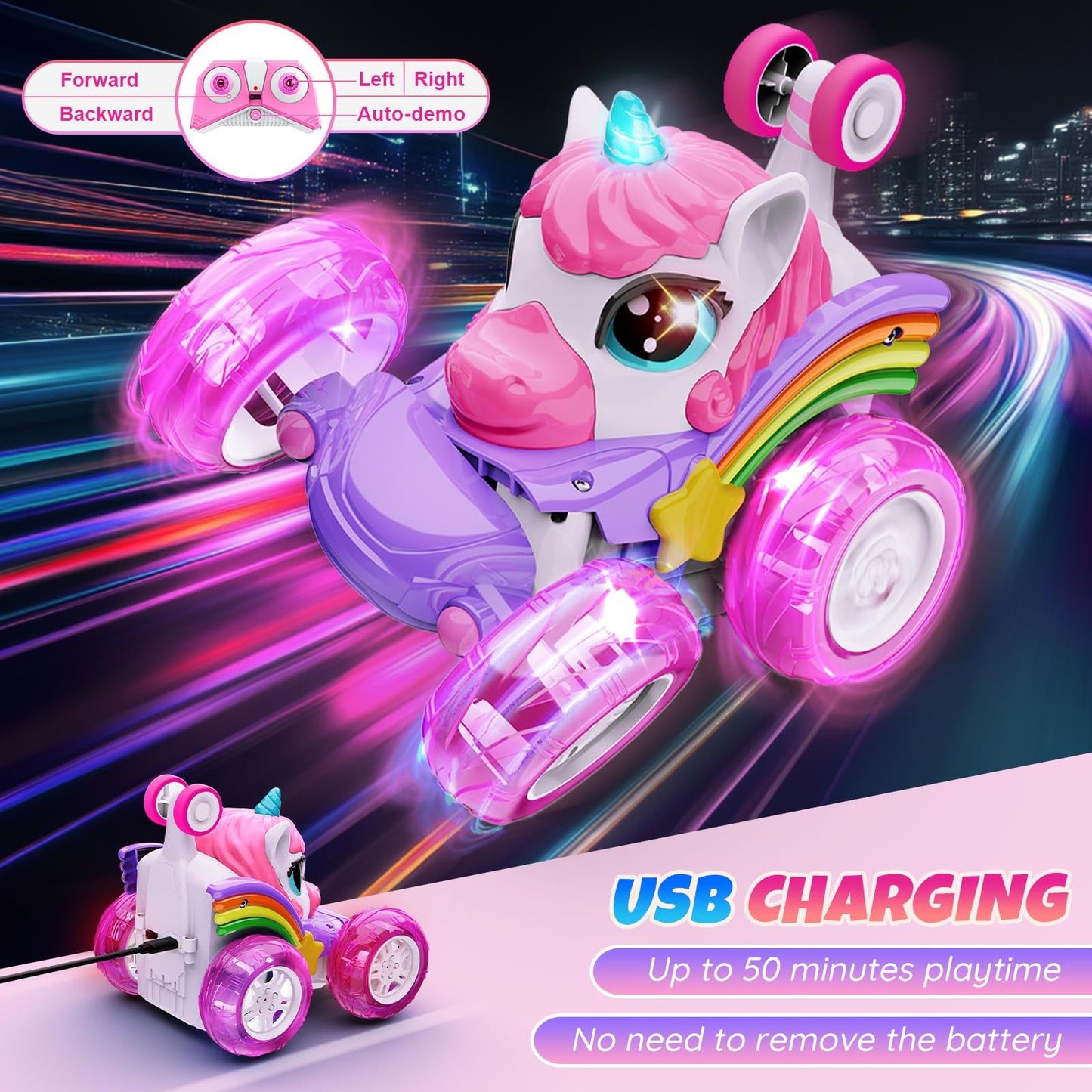 Motivekit Unicorn Remote Control Car Toys for Girl - 360° Rotating Pink RC Stunt Cars 4WD Remote Cars for Kids, 2.4GHz Toy Car with LED Lights, Birthday Gift for 3 4 5 6 7 8 9 Year Old Girl