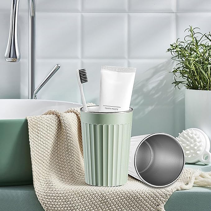 Toothbrush Holder for Bathroom-12oz Unbreakable Stainless Steel Bathroom Cup,Easy to Clean Toothbrush Cup, Reusable Bathroom Tumbler Cups for Home/School/Office(3" x 4.5") (Green)
