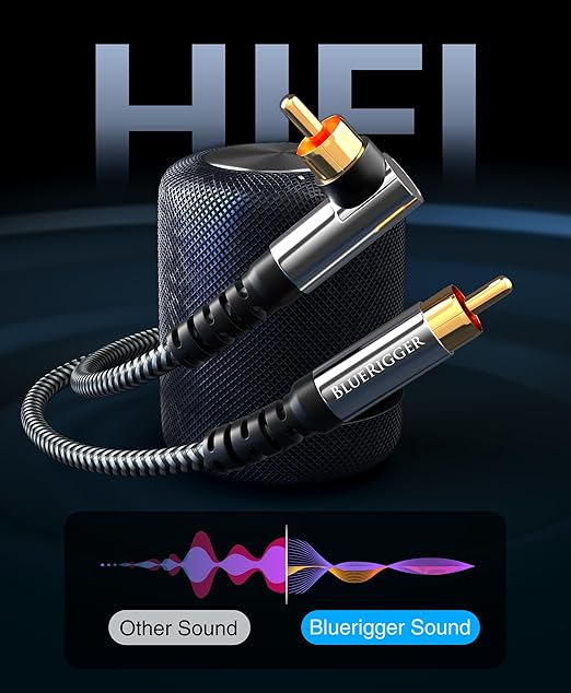 BlueRigger Subwoofer Cable 90D (15FT, RCA Audio, Dual Shielded, Gold Plated, Right Angled Male RCA Connectors) – Compatible with Subwoofer, Amplifier, Home Theater